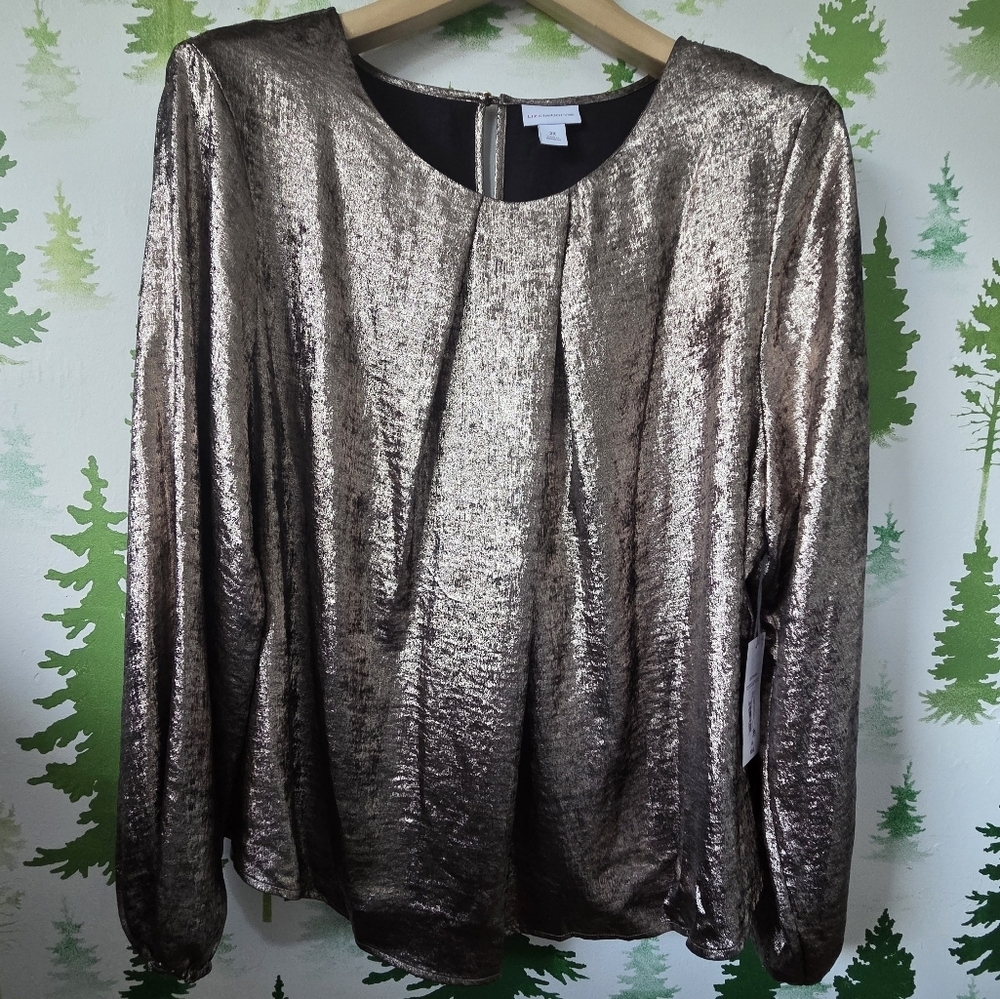Liz Claiborne Gold Foil Satin Round Neck Balloon Long Sleeve Blouse